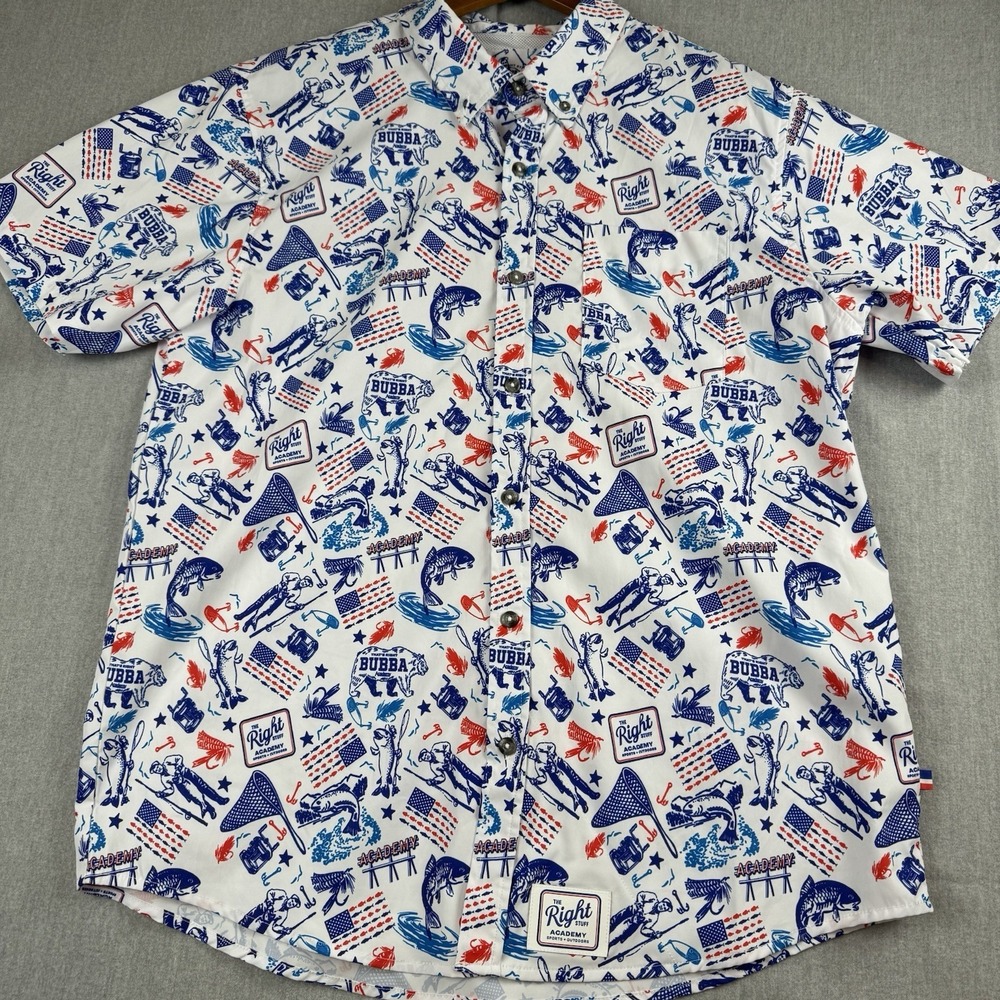 Men's Academy The Right Stuff Academy Shirt Bear Fish Lure Red White‎ Blue Large
